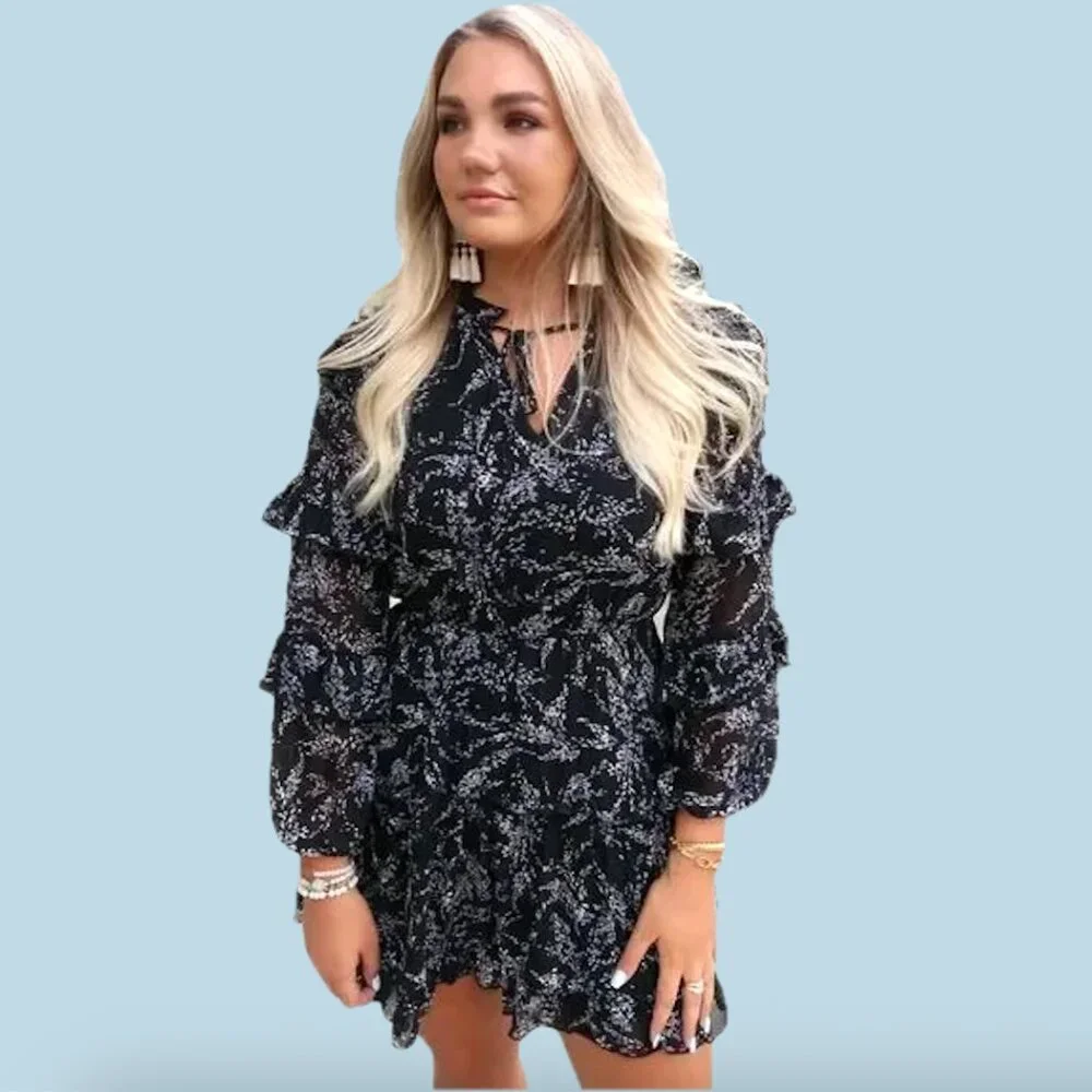 TCEC Dress Ruffle Tiered Black Floral Medium Romantic Weddings Date Night Travel - Picture 3 of 9